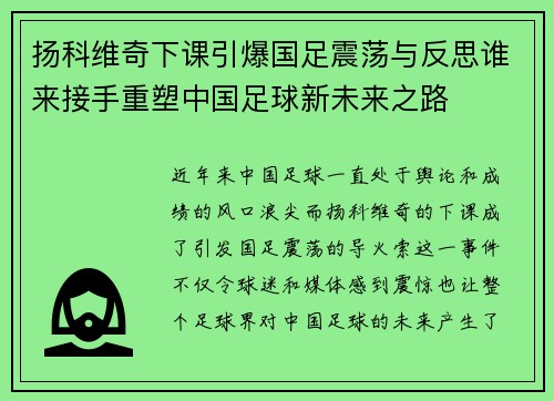扬科维奇下课引爆国足震荡与反思谁来接手重塑中国足球新未来之路