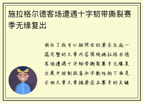 施拉格尔德客场遭遇十字韧带撕裂赛季无缘复出
