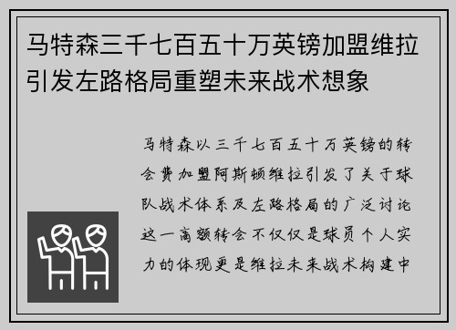 马特森三千七百五十万英镑加盟维拉引发左路格局重塑未来战术想象